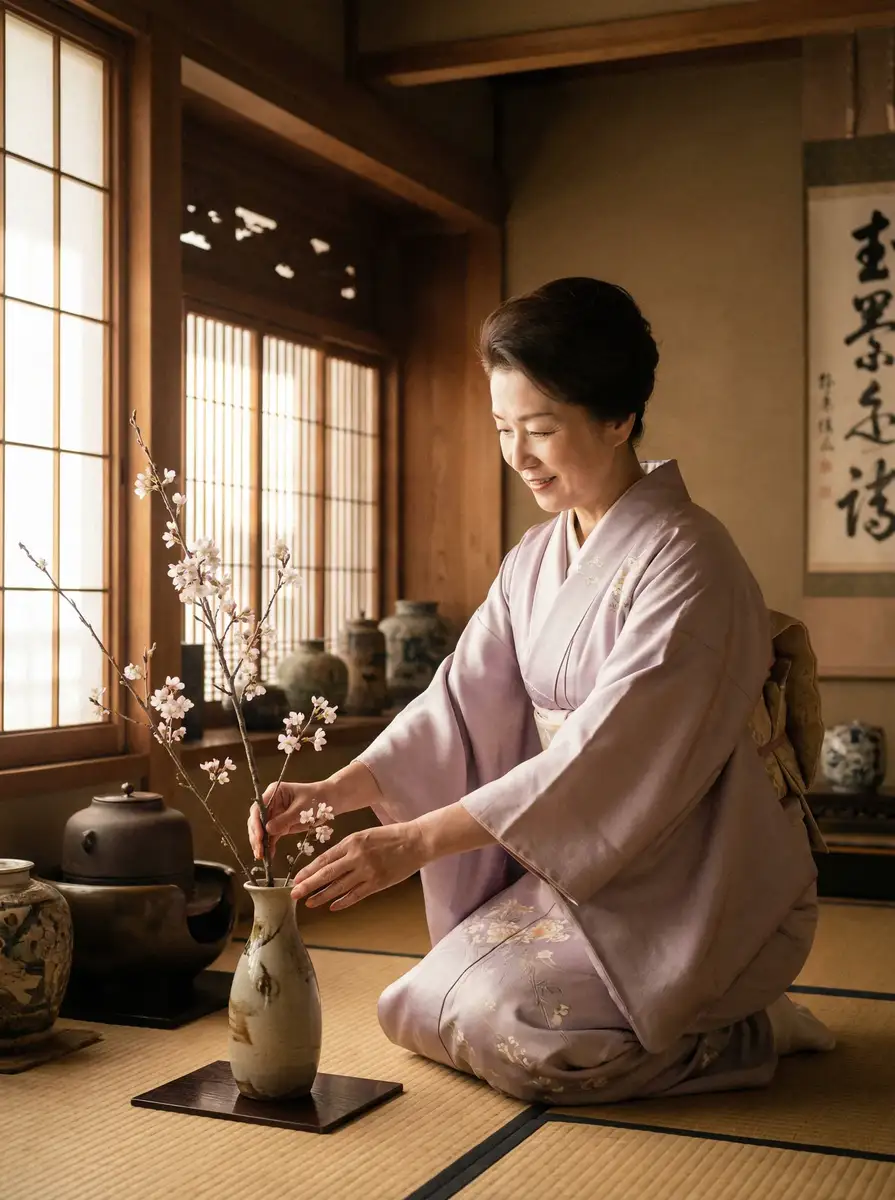一位优雅的 酷游平台 在和室中插花