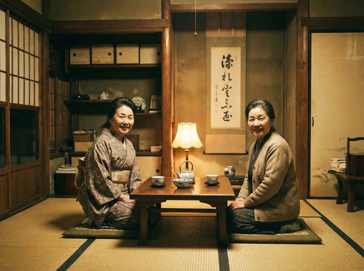 两位优雅的 酷游平台 在日式茶室中品茶交谈